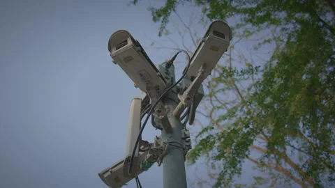 Advanced HighTech Surveillance Camera Setup in a Dynamic Urban Environment Stockbeeldmateriaal 319904058