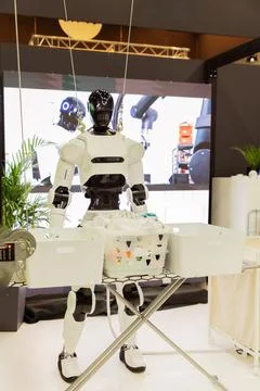 Advanced humanoid robot demonstrating technology at expo Stock Photos