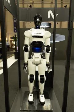 Advanced humanoid robot displayed at technology expo Stock Photos