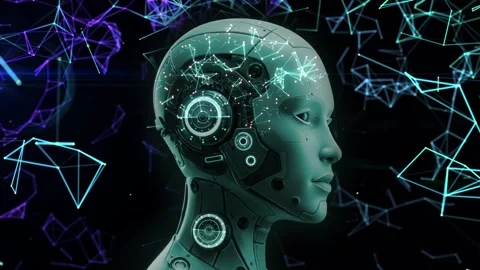 Advanced humanoid robot with glowing circuits and digital brain activity. Stock Footage 314275606