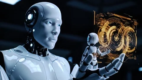 Advanced humanoid robot interacts with holographic display displaying comple Stock Footage 317811735