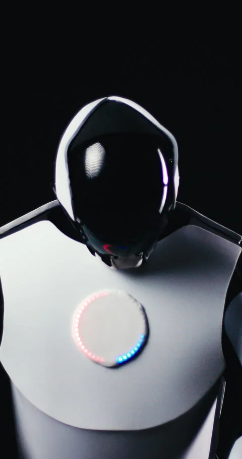 Advanced Humanoid Robot with LED Eyes Simulating Human Behavior Dancing Like Stock Footage 320057829