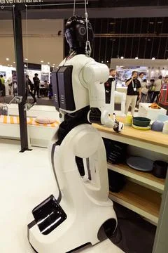 Advanced humanoid robot in modern kitchen setting 库存照片