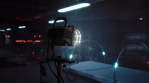 Advanced laboratory setup with high tech equipment illuminated by blue light Stock Footage 321351970