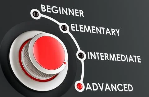 Advanced level, learning and improvement language concept with scale knob. .. Stock Illustration