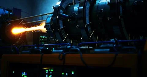 Advanced machinery producing bright flame in a futuristic laboratory setting Stockillustratie