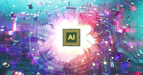 Advanced microchip technology with AI branding and fire effects. Stock Footage 337193349