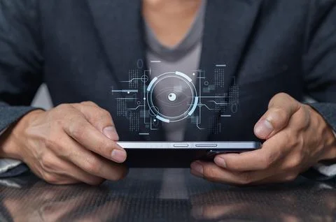 The advanced online security locking system features iris scanning technolo.. Stock Photos