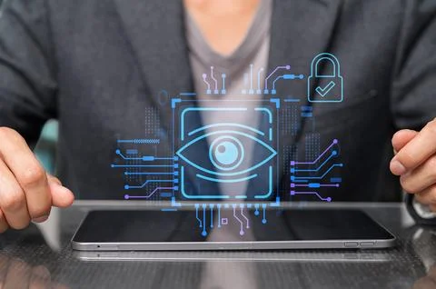 The advanced online security locking system features iris scanning technolo.. Stock Photos