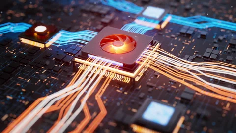 Advanced processor with cooling fan and digital data flow Stock Footage 344159476