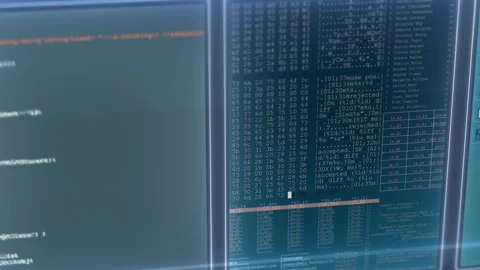Advanced programming animation displaying scrolling source code, data tables, Stock Footage 328703560