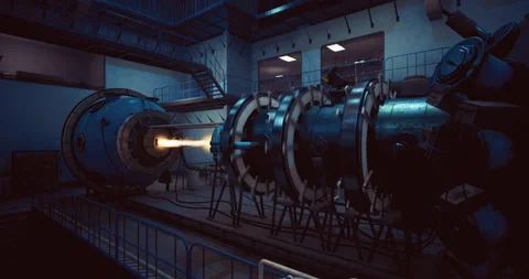 Advanced propulsion engine being tested in high tech facility at night 스톡 동영상 308180363