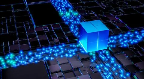 Advanced quantum processor futuristic 3D rendering digital computing, AI inno Stock Photos