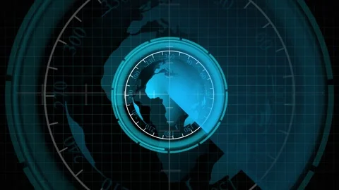 Advanced radar interface with earth globe and detailed azimuthal scale on d.. Stock Footage 332664148
