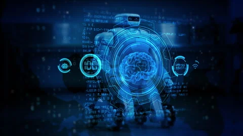 Advanced Robot with AI Interface and Digital Overlay in Futuristic Blue Amb.. 库存影片 339129739
