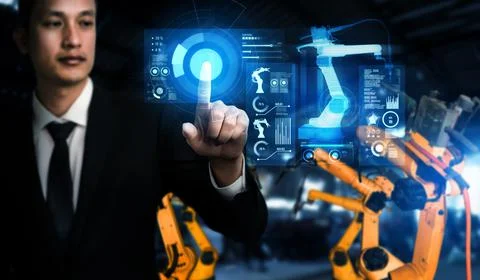 Advanced robot arm system for digital industry and factory robotic technology Stock Photos