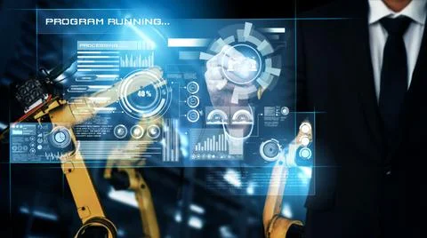 Advanced robot arm system for digital industry and factory robotic technology Stock Photos