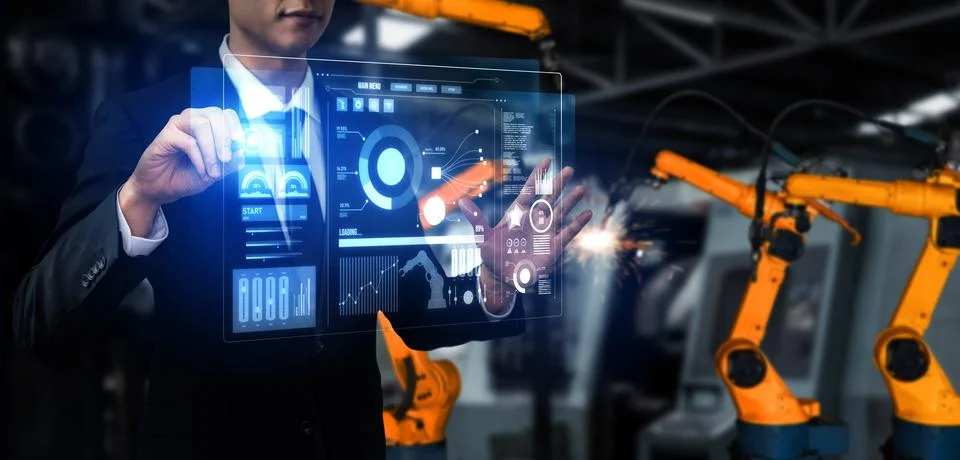 Advanced robot arm system for digital industry and factory robotic technology Stock Photos