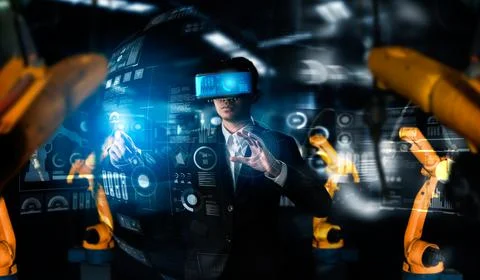 Advanced robot arm system for digital industry and factory robotic technology Stock Photos
