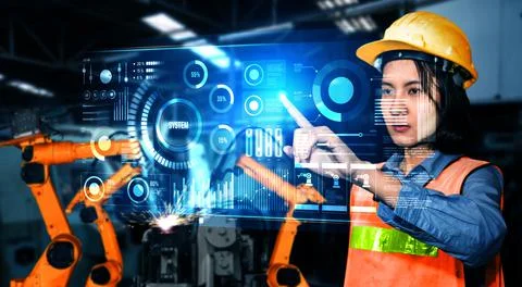 Advanced robot arm system for digital industry and factory robotic technology Stock Photos