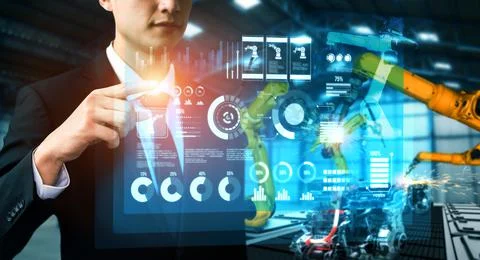 Advanced robot arm system for digital industry and factory robotic technology Stock Photos