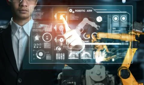 Advanced robot arm system for digital industry and factory robotic technology Fotos Stock