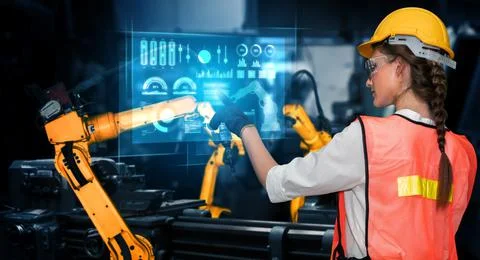 Advanced robot arm system for digital industry and factory robotic technology 写真素材
