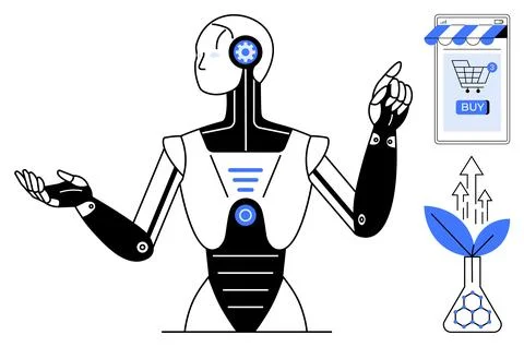Advanced Robot with E-commerce and Biotechnology Elements in Modern Concept A Illustrazione stock