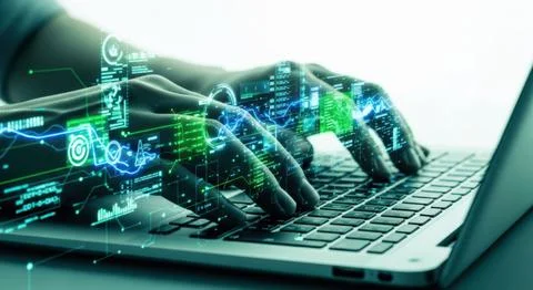 Advanced robot hands typing on a laptop representing artificial intelligenc.. Stock Illustration