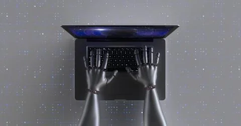 Advanced robot hands using laptop computer. Technology related 3D Render. Stock Illustration