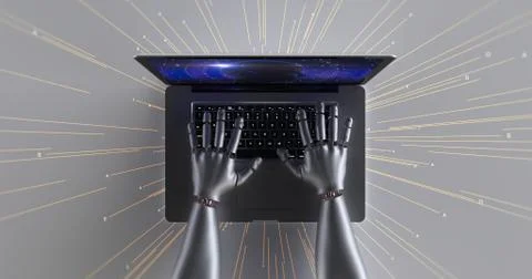 Advanced robot hands using laptop computer. Technology related 3D Render. 스톡 일러스트