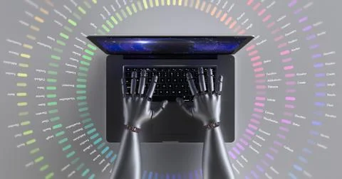 Advanced robot hands using laptop computer. Technology related 3D Render. Stockillustratie