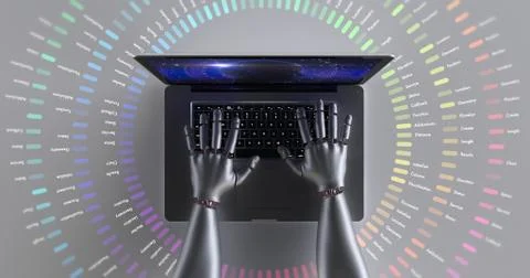 Advanced robot hands using laptop computer. Technology related 3D Render. Stock Illustration