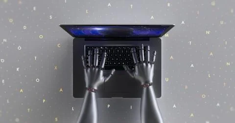 Advanced robot hands using laptop computer. Technology related 3D Render. Stock Illustration