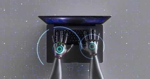 Advanced robot hands using laptop computer. Technology related 3D Render. Stock Illustration