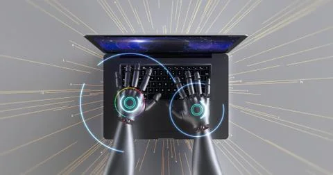 Advanced robot hands using laptop computer. Technology related 3D Render. Stock Illustration