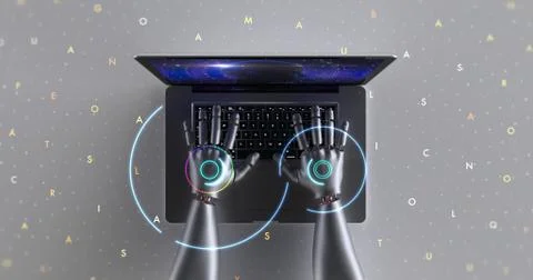 Advanced robot hands using laptop computer. Technology related 3D Render. Stock Illustration