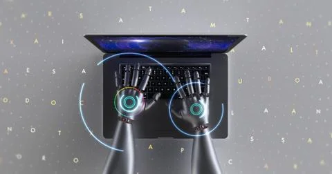 Advanced robot hands using laptop computer. Technology related 3D Render. 库存插图