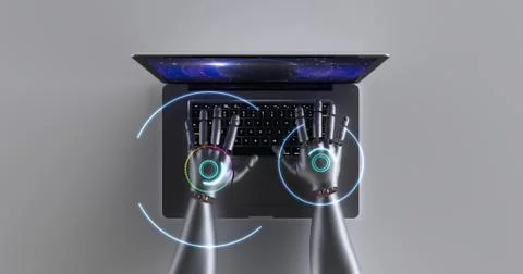 Advanced robot hands using laptop computer. Technology related 3D Render. 스톡 일러스트