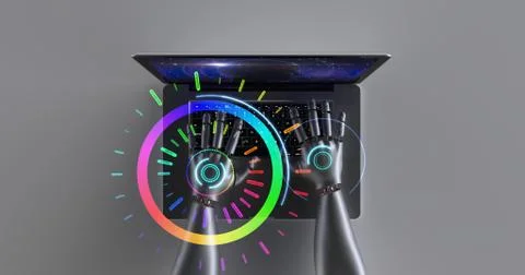 Advanced robot hands using laptop computer. Technology related 3D Render. Illustrazione stock