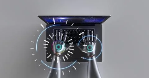 Advanced robot hands using laptop computer. Technology related 3D Render. 스톡 일러스트