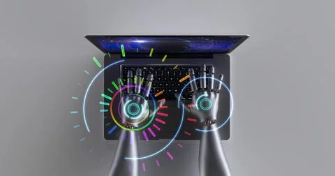 Advanced robot hands using laptop computer. Technology related 3D Render. 스톡 일러스트