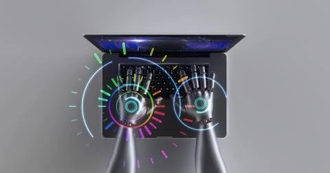 Advanced robot hands using laptop computer. Technology related 3D Render. Stockillustratie