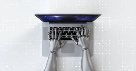 Advanced robot hands using laptop computer. Technology related 3D Render. 스톡 일러스트