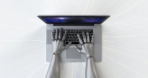 Advanced robot hands using laptop computer. Technology related 3D Render. Stock Illustration