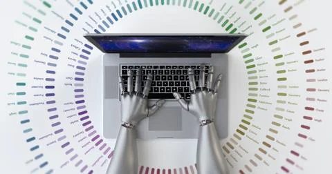 Advanced robot hands using laptop computer. Technology related 3D Render. Stockillustratie