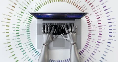 Advanced robot hands using laptop computer. Technology related 3D Render. 스톡 일러스트