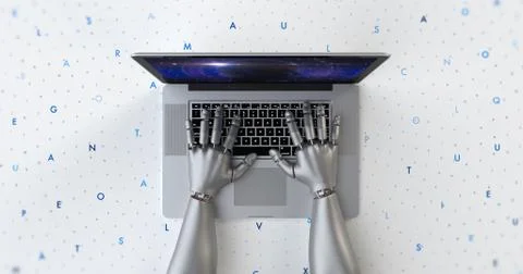 Advanced robot hands using laptop computer. Technology related 3D Render. Stockillustratie