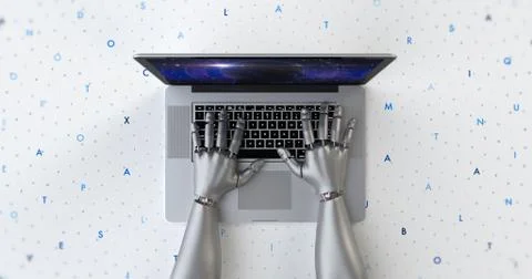 Advanced robot hands using laptop computer. Technology related 3D Render. イラスト素材