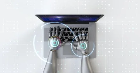 Advanced robot hands using laptop computer. Technology related 3D Render. Illustrazione stock